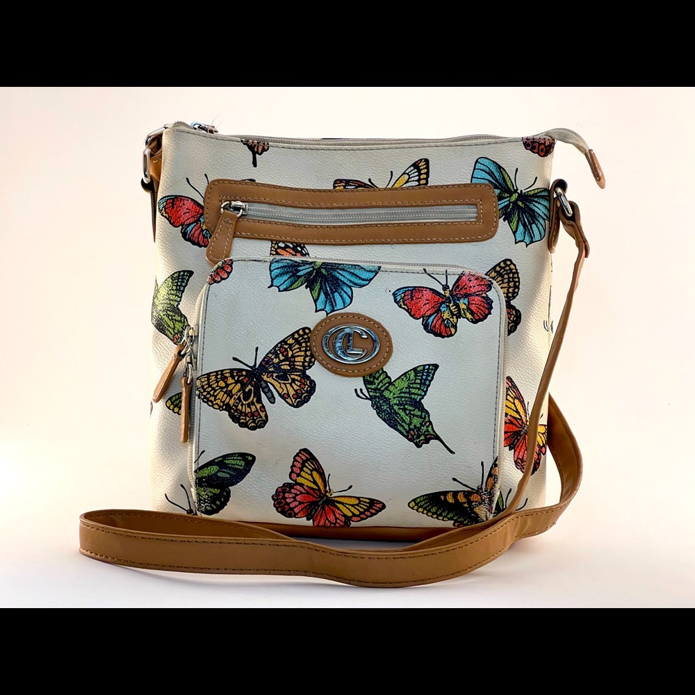 Butterfly Print Leather Crossbody Messenger Bag
